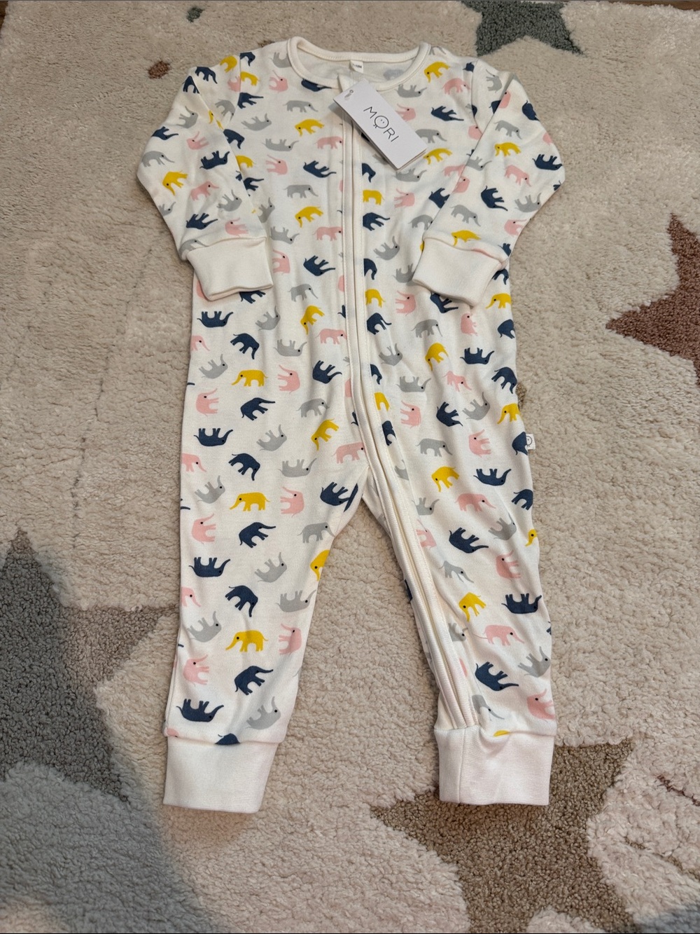 MORI White Zip One-Piece Footie with Multicolor Elephant Print